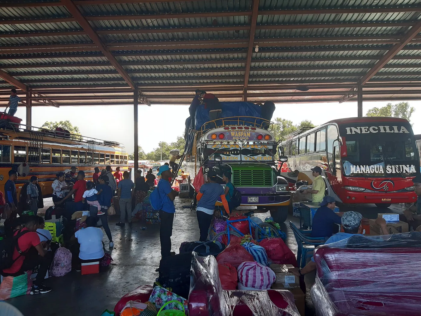 Colourful buses parked at a busy bus station