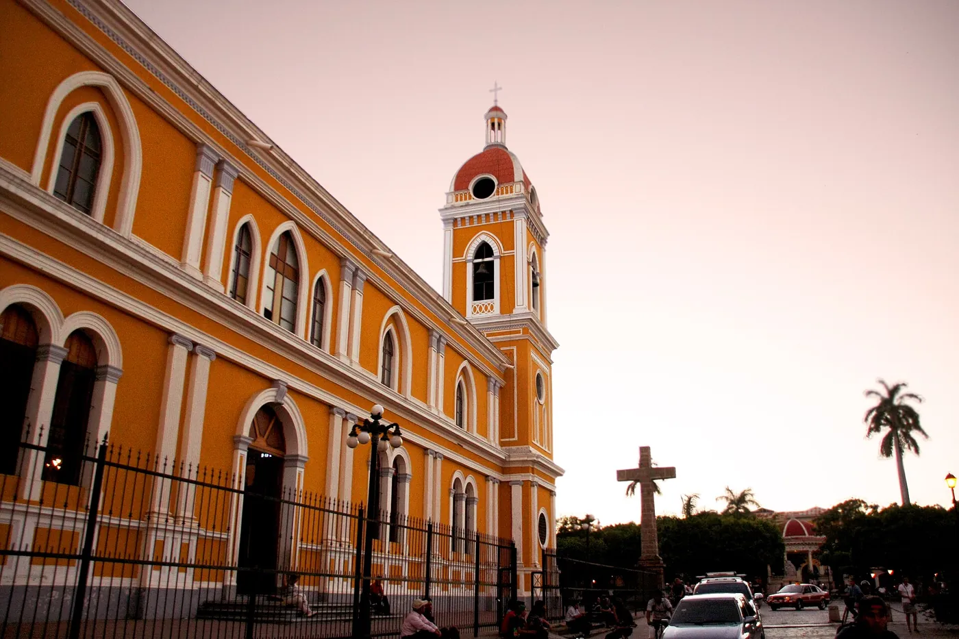 The yellow cathedral of Granada at sunset