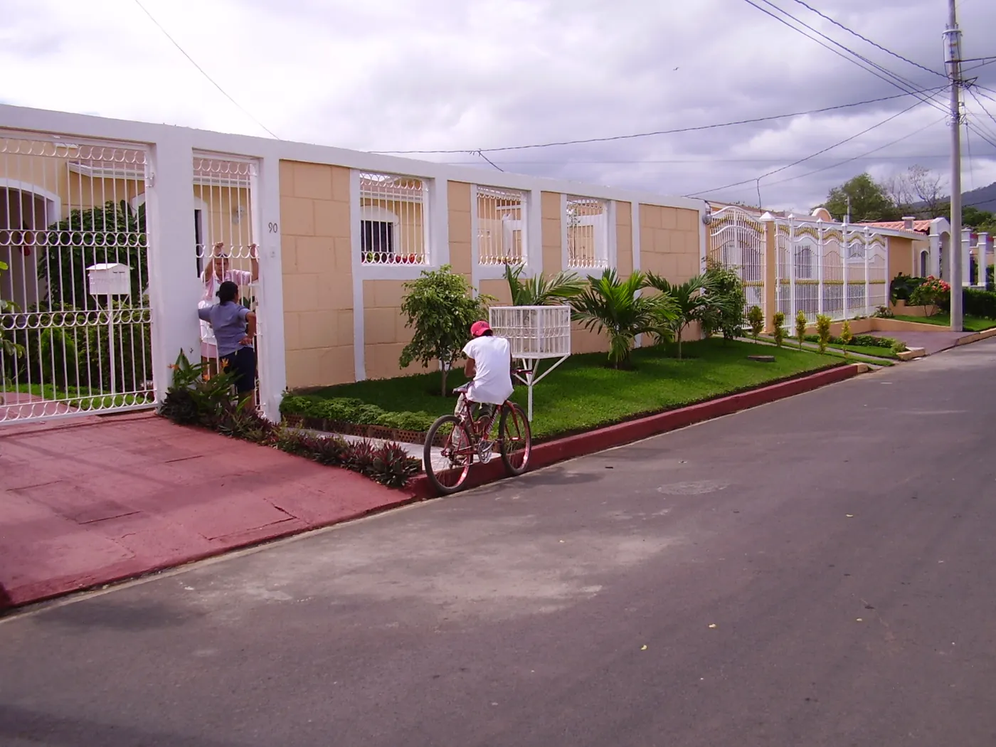 A quiet residential street in Managua lined with trees and low houses